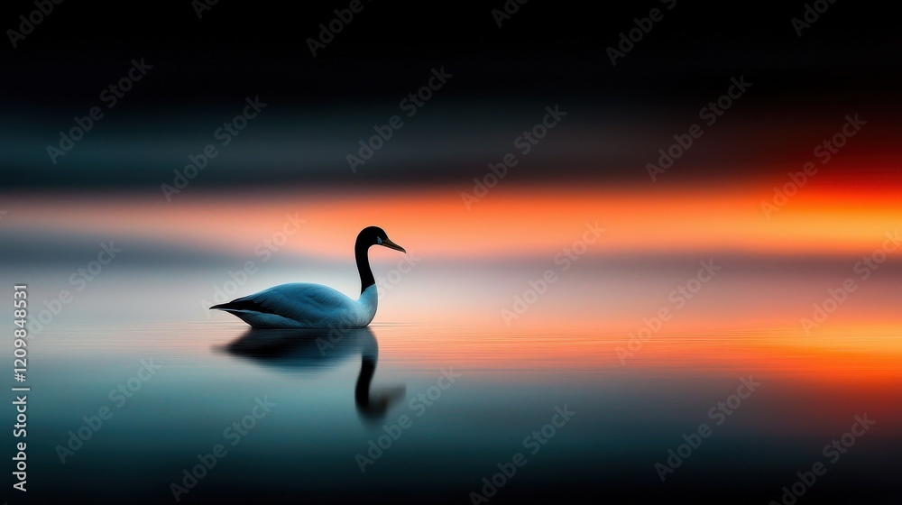 Fototapeta premium A serene swan glides over tranquil waters, reflecting the vibrant hues of a sunset in a peaceful, dreamlike setting.