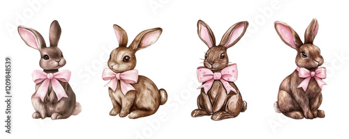 Watercolor set of chocolate bunnies decorated with pink bow png. Sweet chocolate bunnies for Easter. Symbol of Easter and traditions. Vector illustration.