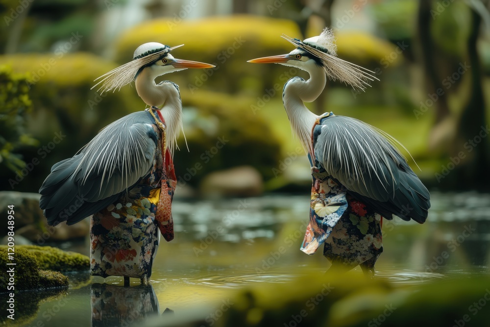 Fototapeta premium The stork is dressed in a traditional Chinese outfit