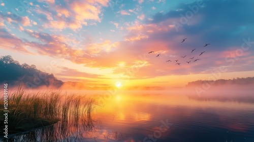 Serene Sunrise over Misty Lake with Birds in Flight photo