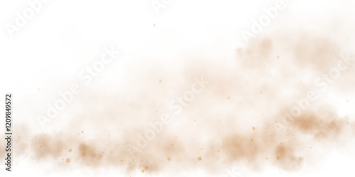 Sandy-smoke clouds with dust and fine particles. PNG Dune, sand storm, clusters of powder. Realistic vector illustration of desert storm - flying saw dust with small dirt particles under the influence