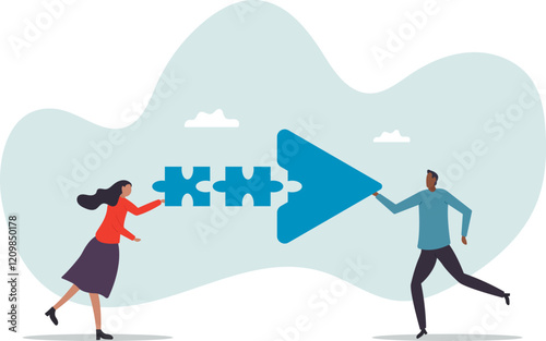 Teamwork connecting jigsaw puzzle metaphor of solving problem together,business concept.flat character.