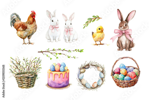Watercolor set of Easter elements. White rabbits, rooster, baby chicken, Easter wreath, Easter cupcake, basket with willow branches. Watercolor elements for Easter designs. Vector illustration.