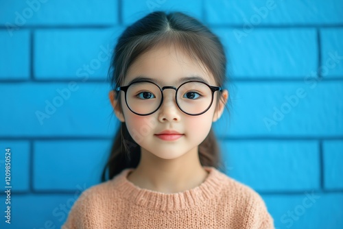 a little asian girl wearing vision eyeglasses  for optics commercial  photo