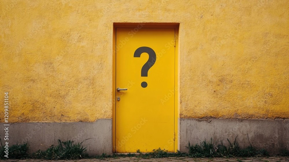 Yellow Door with Question Mark Symbol on a Bright Wall Background Yellow Door with Question Mark Symbol on a Bright Wall Background