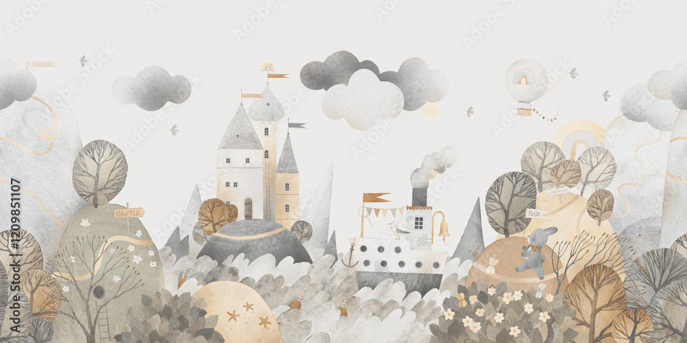 Obraz premium Watercolor landscape, hills, trees, sea, boat. Wallpaper for children's room.