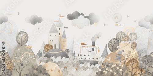 Wallpaper Mural Watercolor landscape, hills, trees, sea, boat. Wallpaper for children's room. Torontodigital.ca