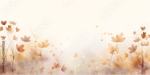 Watercolor, beautiful and elegant, depicts a light brown autumn foliage and flower pattern on a faded, soft beige background with a white background, creating a clipart-like effect. bokeh background