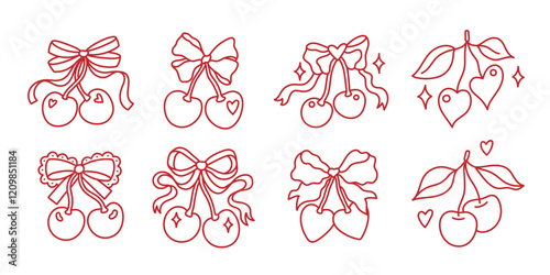 Set of coquette pretty charming bows with cherry berries. Elegant bow knot, gift bow. Whimsical collection with festive decorative elements. Vintage hand drawn clipart. Minimalist girly line art