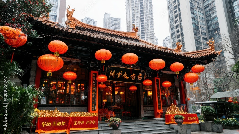 Naklejka premium Illuminated Chinese temple with red lanterns in urban cityscape