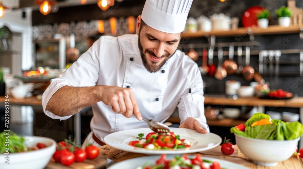 Chef Preparing a Delicious Salad in a Restaurant Kitchen Chef Preparing a Delicious Salad in a Restaurant Kitchen