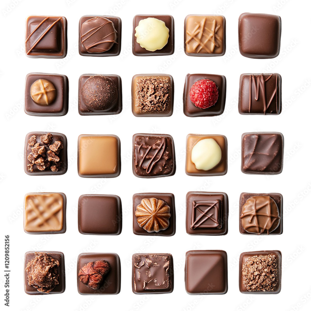 Handmade chocolate pieces arranged in rows, showing intricate detailing on their surfaces, sweets top view isolated on transparent background. Handmade chocolate pieces arranged in rows, showing intricate detailing on their surfaces, sweets top view isolated on transparent background.