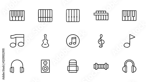Set of Music Icons Including Pan Flute, Piano, and Guitar