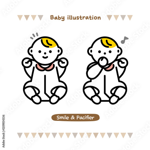 いろんな表情の赤ちゃんのイラスト。ご機嫌な表情と指しゃぶりをする赤ちゃん