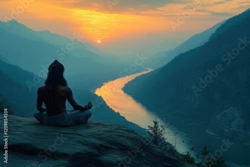 Lord Shiva sitting in the mountains at sunset with gang river on the background 