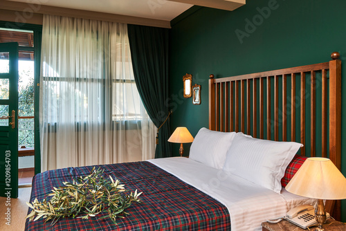 Green hotel room concept interior style, old furniture retro decoration.