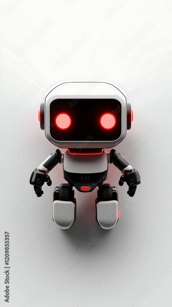 charming small robot rendered in 3D Its primarily white and black with glowing red eyes The style is cute and friendly suggesting a technological yet approachable character charming small robot rendered in 3D Its primarily white and black with glowing red eyes The style is cute and friendly suggesting a technological yet approachable character