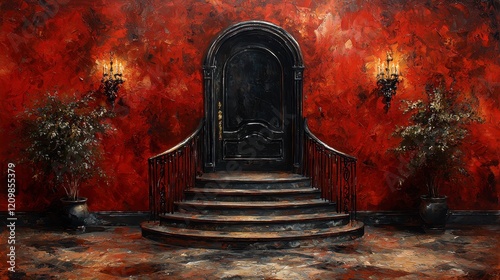 Mysterious dark door, red wall, grand staircase, plants, sconces, oil painting. photo