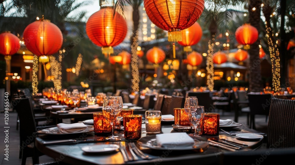 Vibrant Outdoor Dining and with Glowing Chinese Lanterns and Festive Decor Vibrant Outdoor Dining and with Glowing Chinese Lanterns and Festive Decor