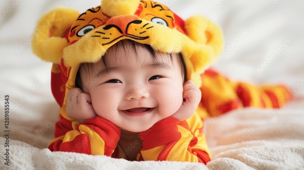 Fototapeta premium Cheerful Baby in Colorful Tiger Costume Laughing Joyfully Outdoors