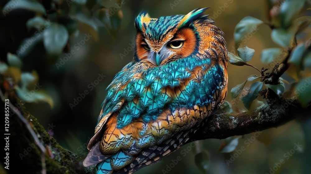Obraz premium Vibrant owl perched on a tree branch amidst lush green foliage.