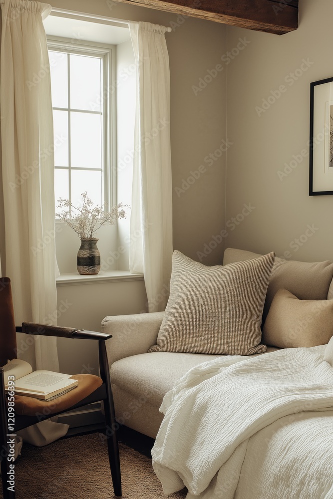 Fototapeta premium A guest room with soft linens, layered textures, and a small reading corner.