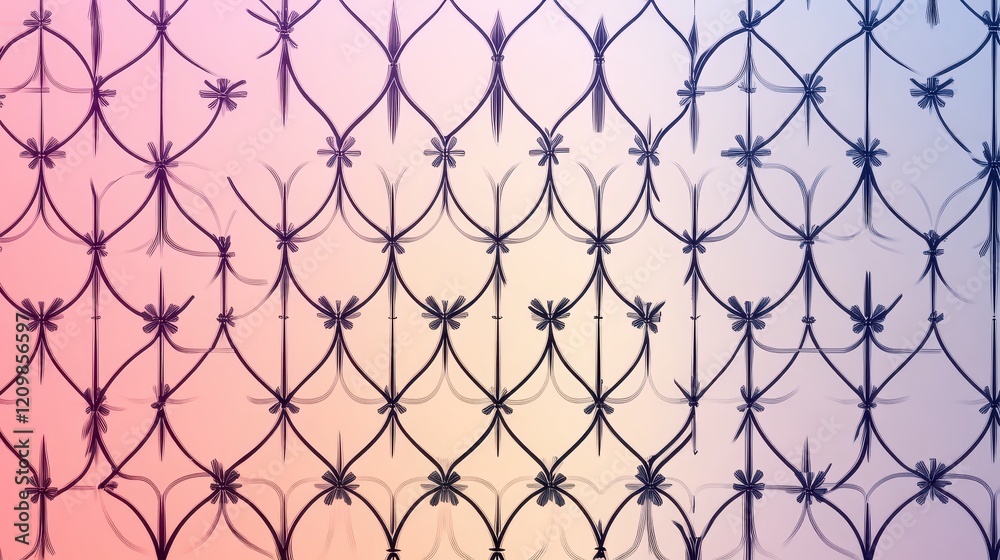 Fototapeta premium Minimalist pastel gradient tones overlaid with precise, symmetrical black Thai line art, seamless pattern design