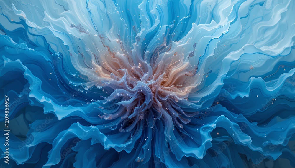 Abstract digital artwork featuring a vibrant explosion of swirling blue Abstract digital artwork featuring a vibrant explosion of swirling blue