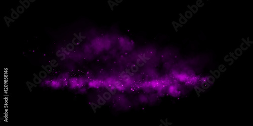 Fantastic smoke background. PNG Magical smoke with glitter and small particles of twinkling stars, fog with glowing particles, purple vapour with stardust. Vector illustration.	