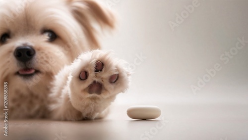 Cute curious fluffy funny puppy reaches for a pill with his tongue out