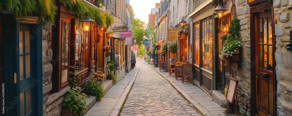 Fototapeta premium A quaint cobblestone street lined with charming shops, cafes, and old-fashioned buildings.