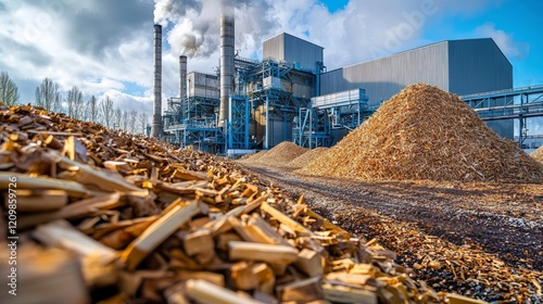 A vibrant image showcasing smokestacks and large piles of wood in an industrial sector, highlighting the relationship between energy production and organic materials. photo