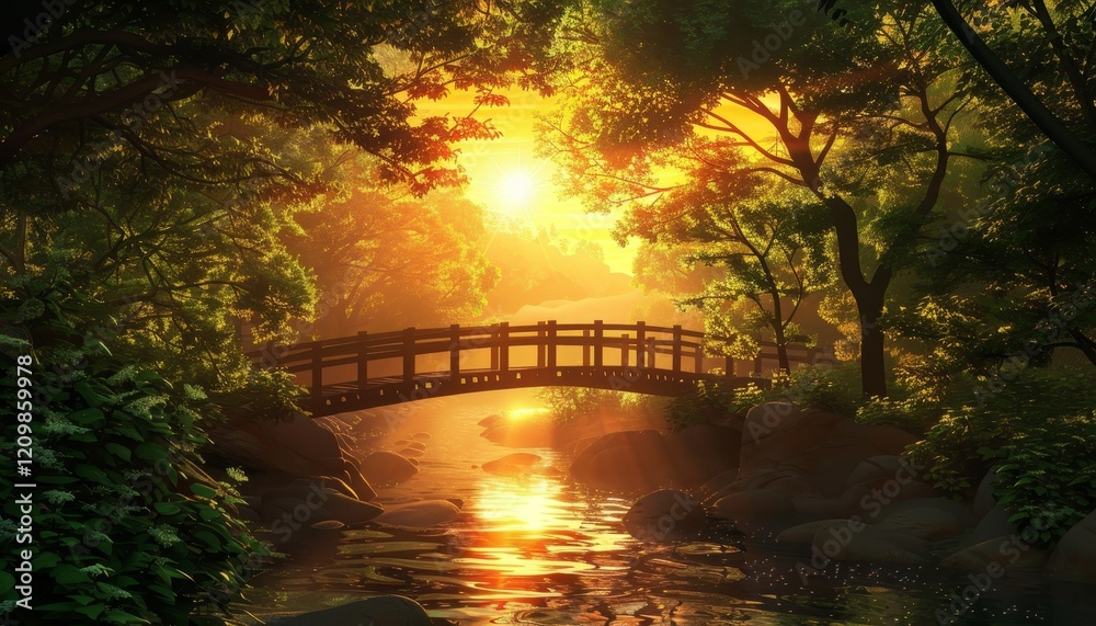 Fototapeta premium A wooden bridge spans a tranquil river in a lush forest at sunset.