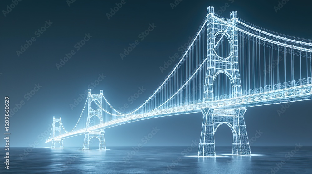 Fototapeta premium Futuristic 3D Wireframe Render of a Suspension Bridge at Night