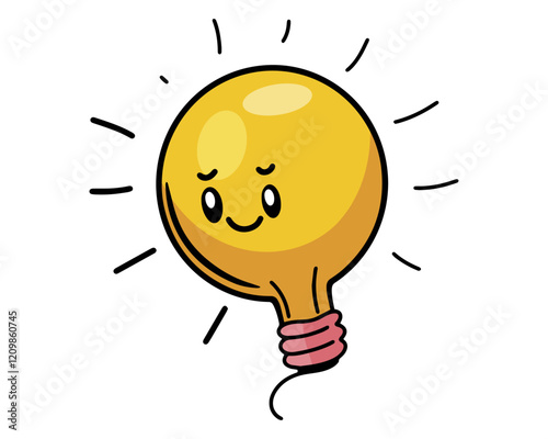 Cute light bulb smile and funny cartoon character. Flat design kawaii electric lamp emoji with face illustration isolated on white background. Vector