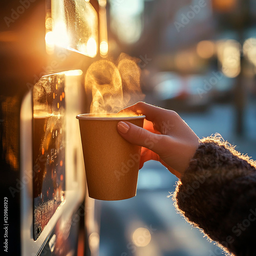 Girl buys coffee in a paper cup from a coffee machine