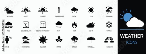 Weather icon set. Containing temperature, sun, rain, snow, cloud, humidity, summer, winter, spring, cloudy and rainy season. A well-organized collection of adaptable solid vector icons