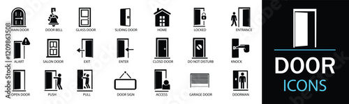 Door icon set. Featuring detailed illustrations of enter, exit, doorbell, knock, open door, home, closed door, pull and push symbol. A well organized collection of adaptable solid vector icons