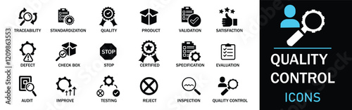 Quality control icon set. Featuring detailed illustrations of inspection, evaluation, product, quality assurance, process, testing and more. A well organized collection of adaptable solid vector icons