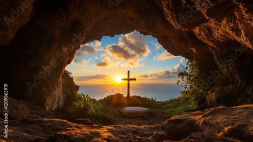 Easter sunrise illuminates the resurrection scene with cross and empty tomb in a cave setting --ar 16:9 --style raw --profile i1k32rn --stylize 50 --v 6.1 Job ID: 6ac4ca6f-1567-48a1-8c01-b496764ba7dc