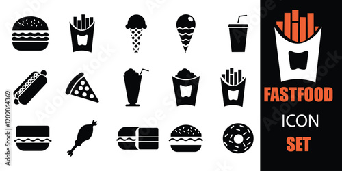 fast food icon set. Showcasing intricately designed representations of burger, pizza, hot dog, donut,  juice  icons. A well organized collection of adaptable solid vector icons