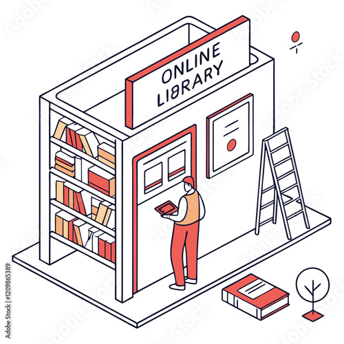 Isometric illustration of an online library concept.