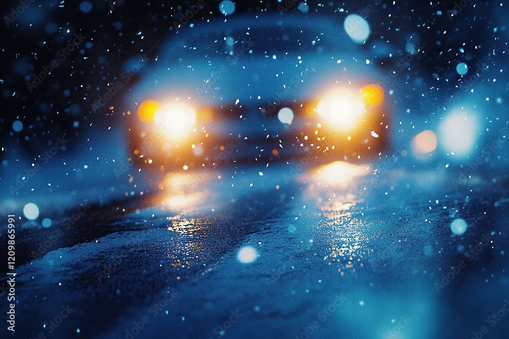 A close-up of headlights shining through the snow on an icy road at night A close-up of headlights shining through the snow on an icy road at night