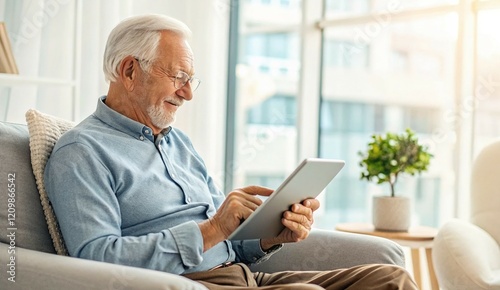 Medicare advantage. Senior man enjoying his tablet in a cozy, bright living room setting.