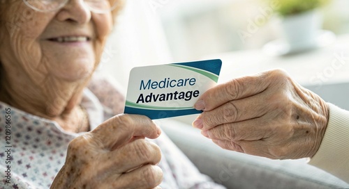 Medicare advantage. An elderly woman holds a Medicare Advantage card, smiling and interacting warmly with someone.