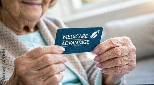 Medicare advantage. An elderly woman holding a Medicare Advantage card with a warm smile.
