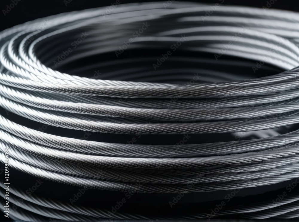 Metal wire coils glinting in the light create a striking visual effect in a dark environment Metal wire coils glinting in the light create a striking visual effect in a dark environment