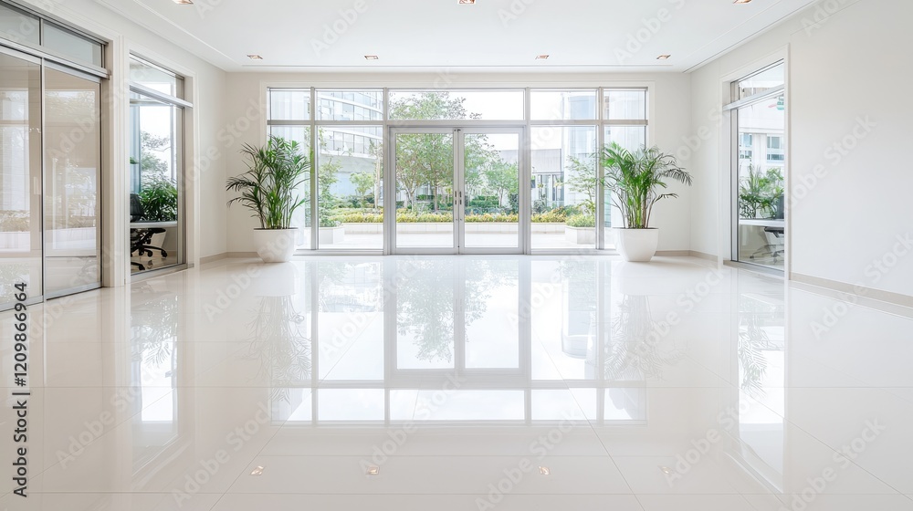 Fototapeta premium Modern building lobby with glass doors, plants, and city view; ideal for real estate listings