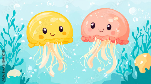 Illustration of Two Colorful Baby Jellyfish in the Sea