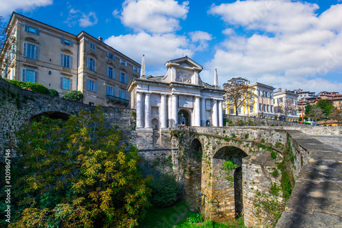 Porta San Giacomo in Bergamo, Italy on the Venetian Walls (Mure Venete) in the Upper Town (Citta Alta) in the old city.